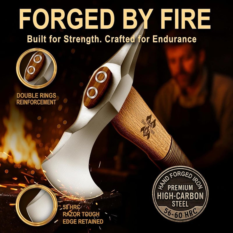 GRUMPY BEAR فأس بقاء 15" للتخييم - شفرة فولاذية عالية الكربون مصنوعة من خشب الجوز - مقبض مضاد للانزلاق - مثالي للبوشكرافت، تقسيم الخشب والمغامرات الخارجية - Image 2